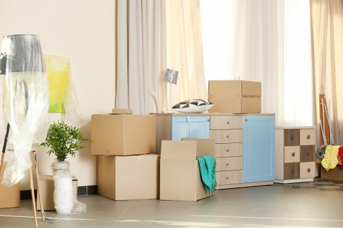 Boxes and belongings prepared for student storage in Canary Wharf